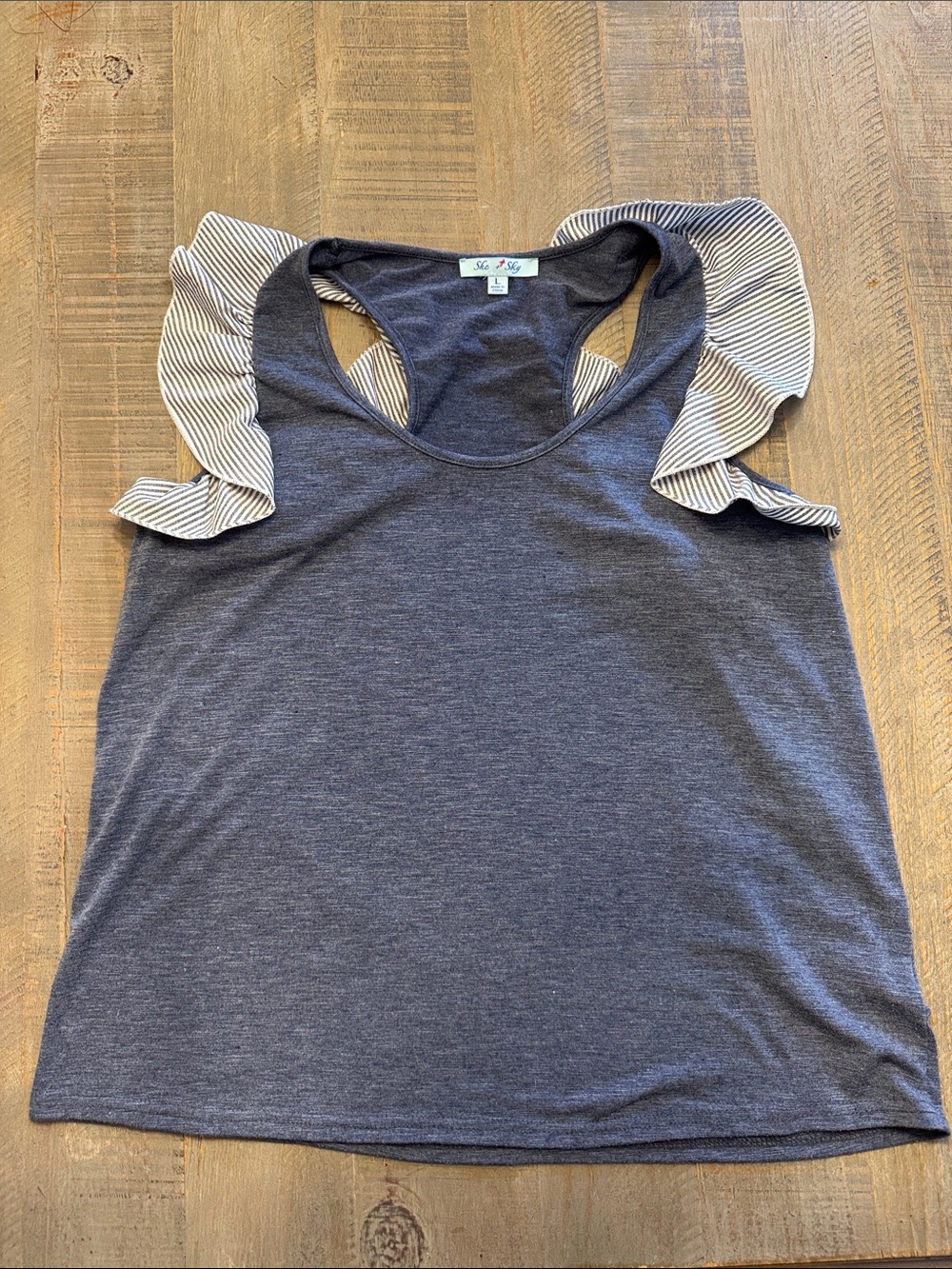 She + Sky Navy Tank with Striped Ruffle Sleeves
